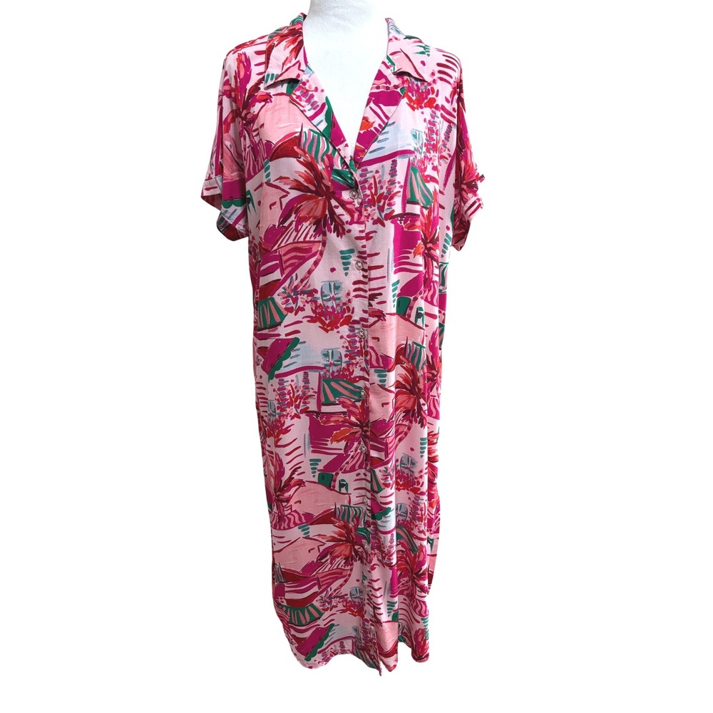 Venus Maxi Shirt Dress Pink Button Front Side Slits Cover Up Tropical Vacation S